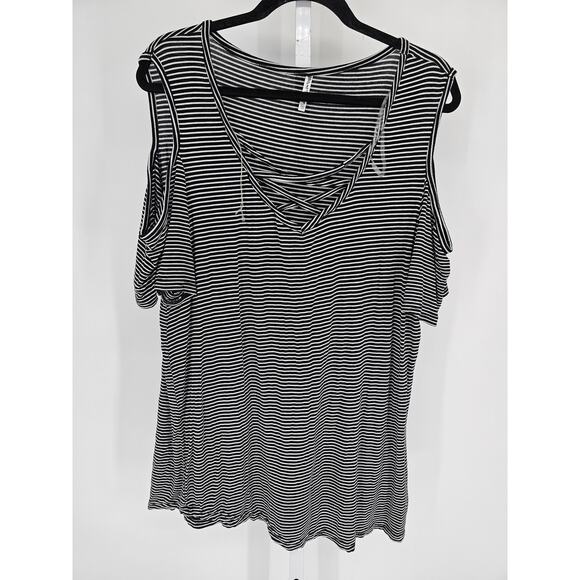 Splash Womens Sz 3X Cold Shoulder Short Sleeve Blouse Black White Striped V neck - Picture 1 of 4